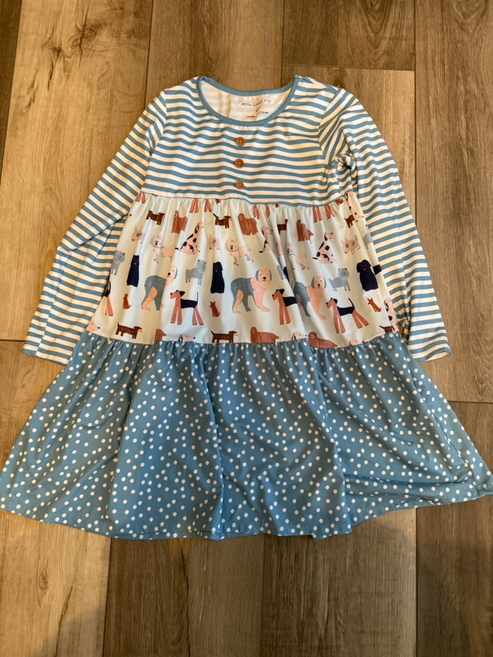 Girls Blue Stripe & Dog-Print Tiered Dress
